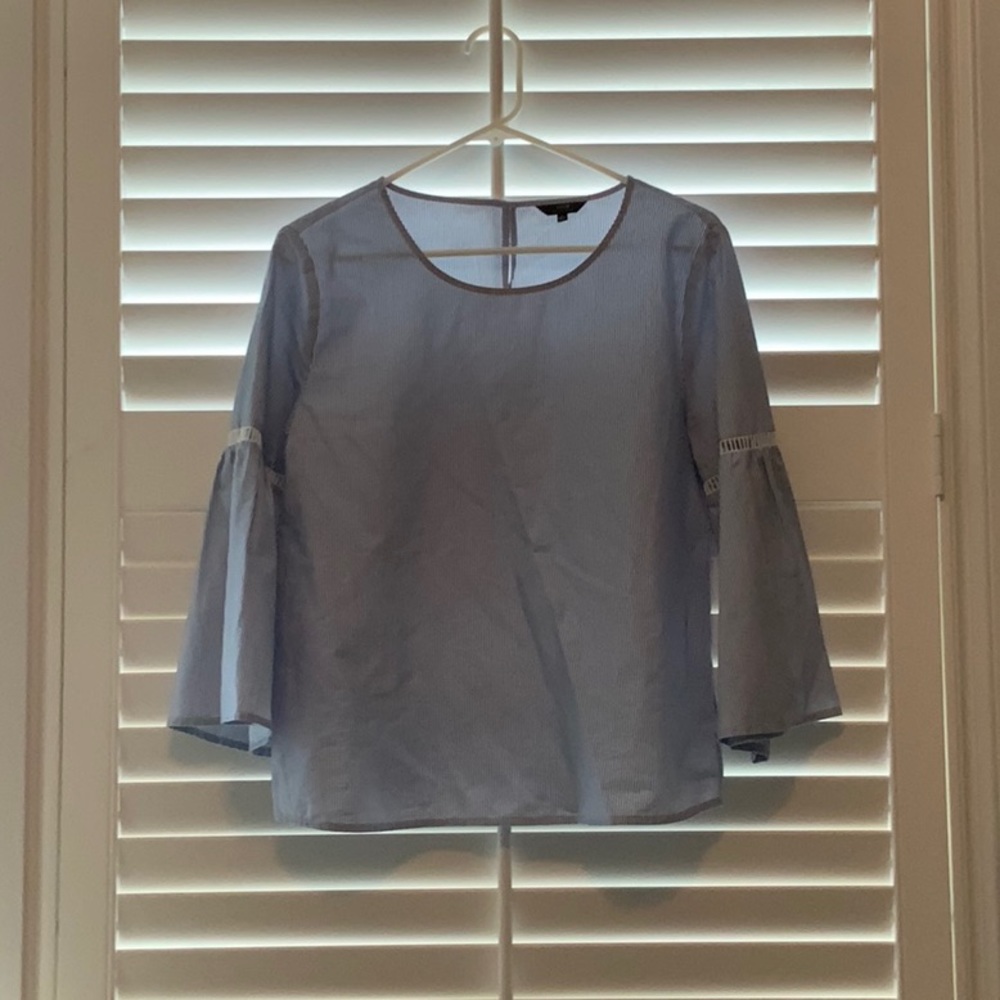 White & Navy Bell Sleeve Blouse